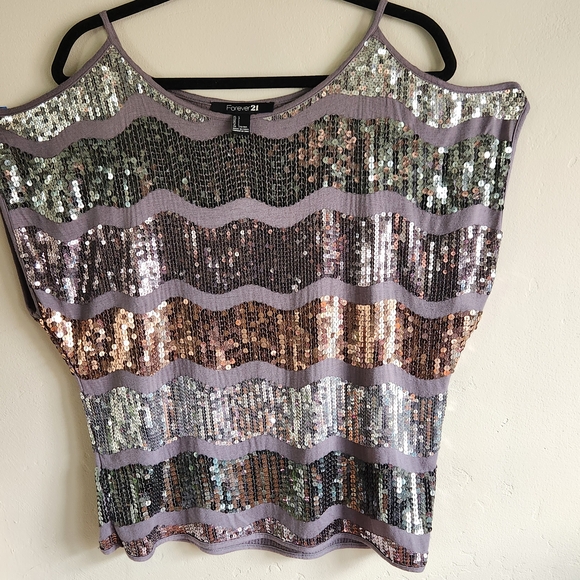 Y2K Forever 21 Women's Gray Sequin Striped Top Size L. A12 - Picture 1 of 11